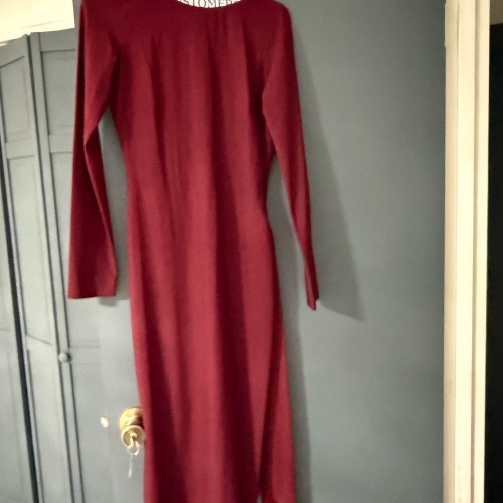 Dress the Population Burgundy Caro Long Sleeve Fringe-belt Midi Bodycon Dress